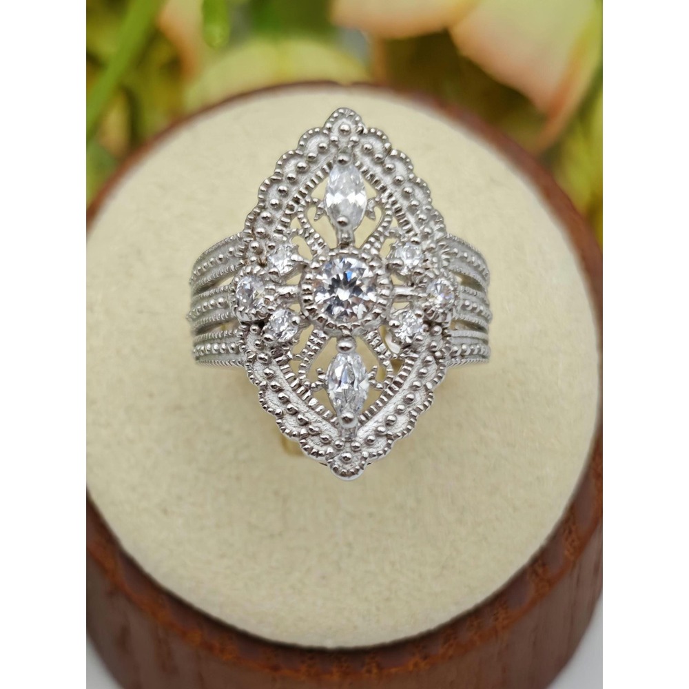 Art Deco Sterling Silver Ring Women Size 6 Silver Clear Stone Cluster Bohemian